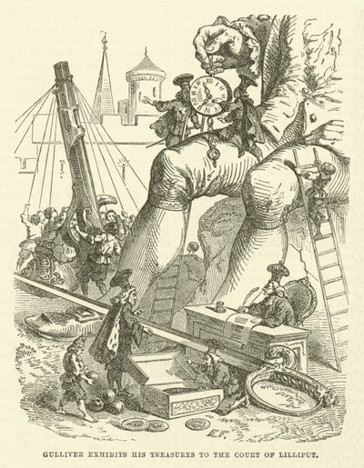 Gulliver toont zijn schatten aan het hof van Lilliput door after Hablot Knight Browne