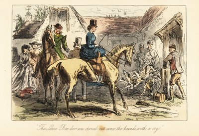 Jagers en vrouwen kijken naar de vossenhonden die uit een hok worden gelaten voor een jacht door after Hablot Knight Browne