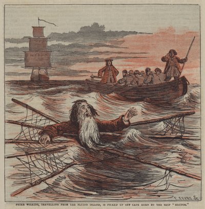 Peter Wilkins, reizend van het Vliegende Eiland, wordt opgepikt bij Kaap Hoorn door het schip "Hector" door after Hablot Knight Browne