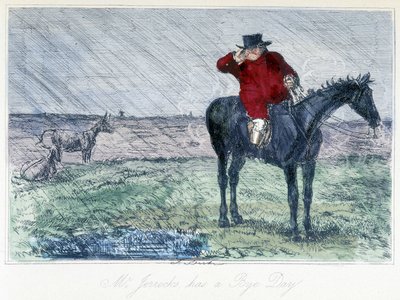 Paardenjachtscène op een regenachtige dag. Engelse karikatuur over vossenjacht uit de "avonturen van Thomas Scott of Hauwbuck Grange", illustratie door H.K. Browne en W.T. Maud. door Hablot Knight Browne