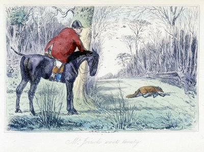 Paardenjachtscène. Engelse cartoon over vossenjacht uit "Avonturen van Thomas Scott of Hawbuck Grange", illustratie door H.K. Browne en W.T. Maud. door Hablot Knight Browne
