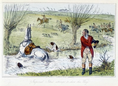 Jager en zijn paard vallen in een waterplas. Engelse karikatuur over de vossenjacht uit de 