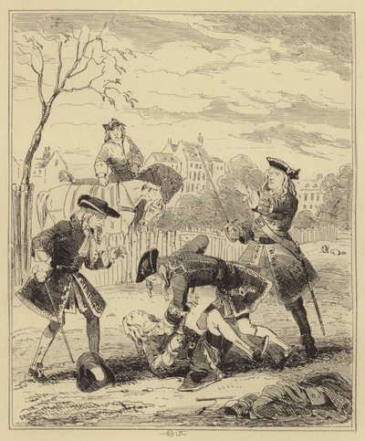 Duel tussen Lord Mahon en de hertog van Hamilton door Hablot Knight Browne