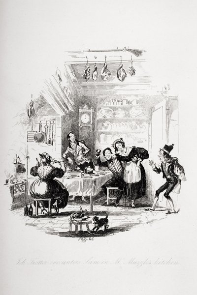 Job Trotter ontmoet Sam in de keuken van Mr. Muzzle, illustratie uit 