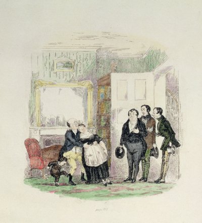 Mr. Pickwick wordt door zijn vrienden gevonden met Mrs. Bardell in zijn armen, illustratie uit 