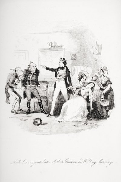 Nicholas feliciteert Arthur Gride op zijn trouwdag, illustratie uit 