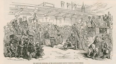 De grote cab-staking: De stormloop op omnibussen, bij het South-Eastern Railway Terminus, London Bridge door Hablot Knight Browne