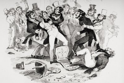 De laatste ruzie tussen Sir Mulberry en zijn leerling, illustratie uit `Nicholas Nickleby