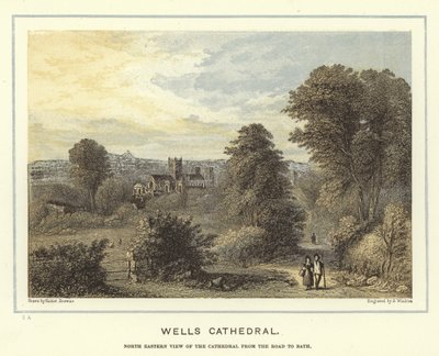 Wells Kathedraal, noordoostelijk uitzicht op de kathedraal vanaf de weg naar Bath door Hablot Knight Browne