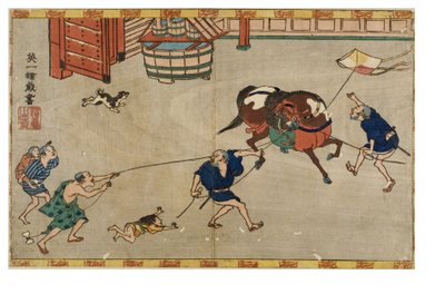 Paard geschrokken door vlieger, c.1830-1839 (houtsnede op papier) door Hanabusa Itcho