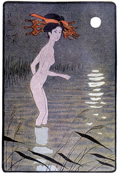 Jonge Japanner badend in een vijver in het maanlicht - in "Japanse pop" door Félicien Champsaur, ill. Hanafusa Itcho, Parijs door Hanabusa Itcho