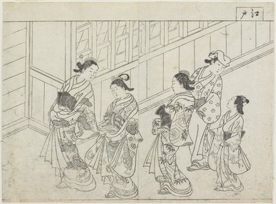 Vijf prostituees voor een huis, vroege jaren 1770 door Hanabusa Shigenobu
