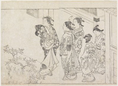 Vijf prostituees in een binnenplaats, vroege jaren 1770 door Hanabusa Shigenobu