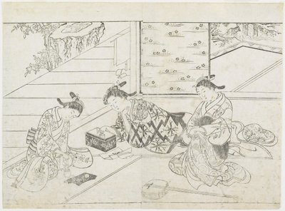 Drie prostituees in een kamer, vroege jaren 1770 door Hanabusa Shigenobu