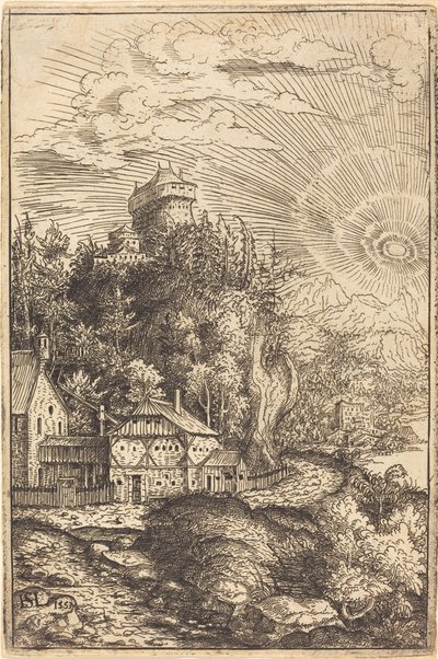 Landschap met een Kasteel en Stralende Zon door Hanns Lautensack