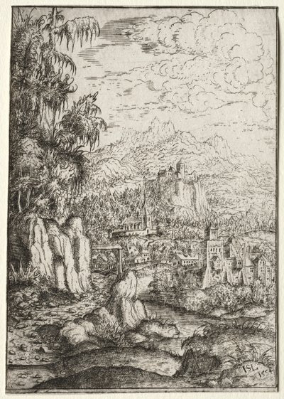 Landschap met een Weg naar een Kasteel op een Eiland in een Rivier door Hanns Lautensack