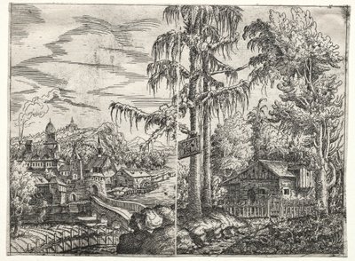 Landschap met de Stad aan een Rivier en Het Huisje tussen Bomen door Hanns Lautensack