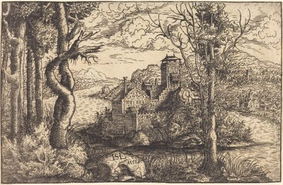 Uitzicht op een rivier met een kasteel op een eiland door Hanns Lautensack