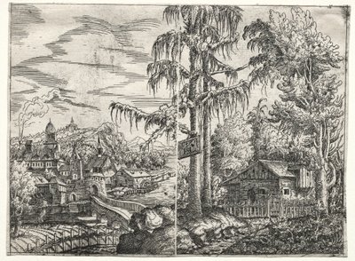 Landschap met de stad aan een rivier en het huisje tussen bomen, 1551 door Hanns Sebald Lautensack