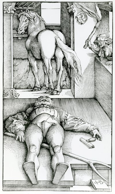 Slapende stalknecht en heks door Hans (after) Baldung Grien