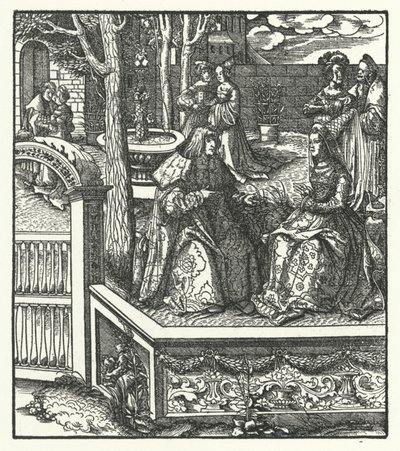 Aartshertog Maximiliaan van Oostenrijk en zijn vrouw, Maria van Bourgondië, leren elkaar hun respectieve talen door Hans (after) Burgkmair