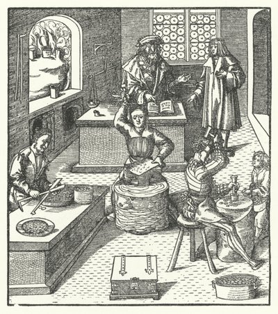 Aartshertog Maximiliaan van Oostenrijk bij de munt (gravure) door Hans (after) Burgkmair