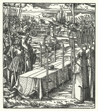 Aartshertog Maximiliaan van Oostenrijk naast de kist van de vermoorde Louis de Bourbon, prins-bisschop van Luik door Hans (after) Burgkmair