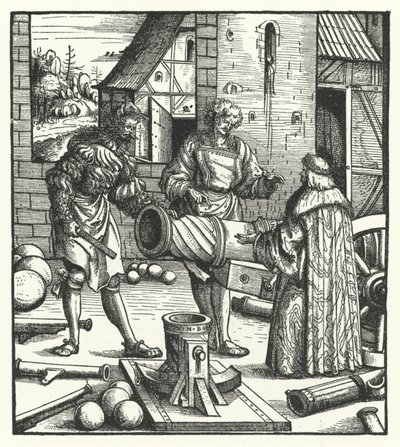 Aartshertog Maximiliaan van Oostenrijk raadpleegt wapensmeden door Hans (after) Burgkmair