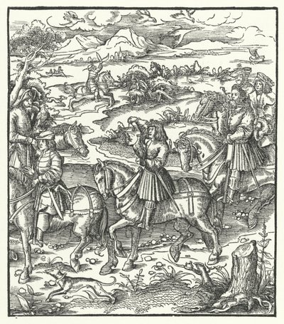 Aartshertog Maximiliaan van Oostenrijk op Reigerjacht door Hans (after) Burgkmair