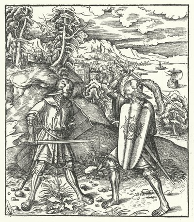 Aartshertog Maximiliaan van Oostenrijk in harnas vechtend met een zwaard (gravure) door Hans (after) Burgkmair