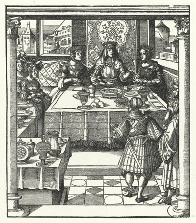 Aartshertog Maximiliaan van Oostenrijk bezoekt zijn toekomstige vrouw, Maria van Bourgondië, en haar moeder, Isabella van Bourbon door Hans (after) Burgkmair