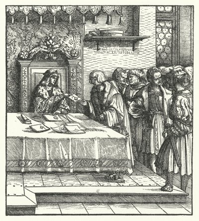 Aartshertog Maximiliaan van Oostenrijk schrijft brieven (gravure) door Hans (after) Burgkmair