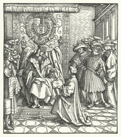 Opdracht van een Boek aan de Heilige Roomse Keizer Maximiliaan I door Hans (after) Burgkmair