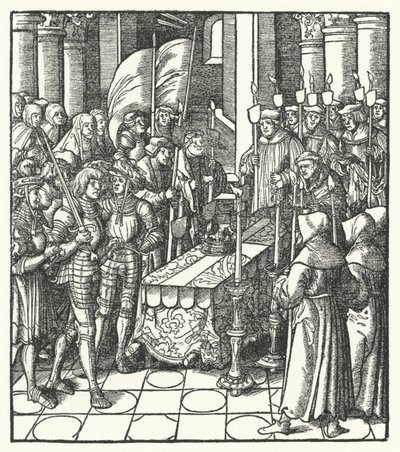 Koning Lodewijk XII van Frankrijk naast de kist van zijn voorganger, koning Karel VIII door Hans (after) Burgkmair