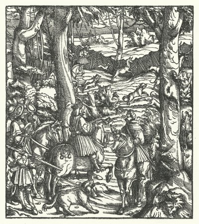 Maximiliaan I, koning van de Romeinen, ontvangt een bericht tijdens de jacht door Hans (after) Burgkmair