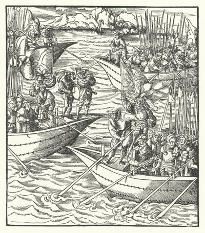 Schepen met Duitse en Franse soldaten voor de kust van Livorno, Italië door Hans (after) Burgkmair