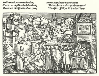 De aardbeving (gravure) door Hans (after) Burgkmair