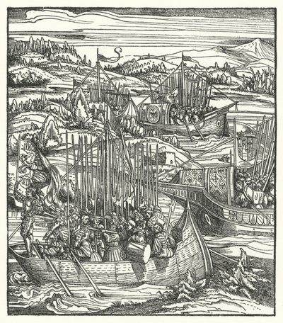 De Heilige Roomse Keizer Maximiliaan I met zijn vloot in La Spezia, Italië door Hans (after) Burgkmair