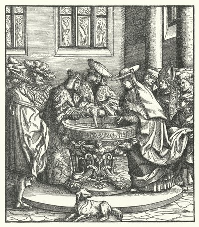 De doop van aartshertog Maximiliaan van Oostenrijk door Hans (after) Burgkmair