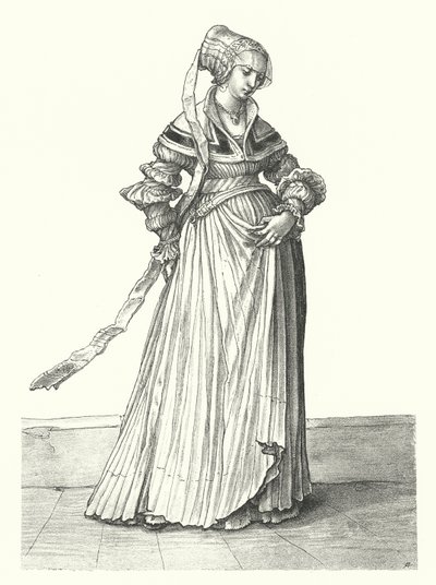 Kostuum van een vrouw uit Basel (gravure) door Hans (after) Holbein the Younger