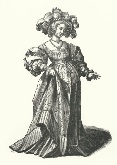 Kostuum van een vrouw uit Basel (gravure) door Hans (after) Holbein the Younger