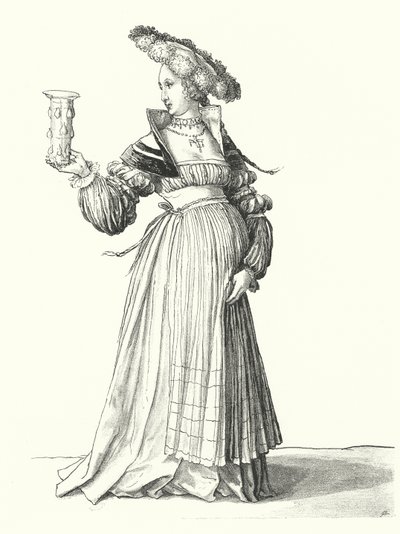 Kostuum van een vrouw uit Basel (gravure) door Hans (after) Holbein the Younger