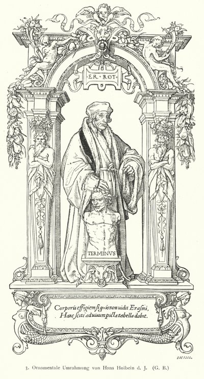 Portret van de Nederlandse Renaissance-humanist geleerde Desiderius Erasmus met sierlijst (gravure) door Hans (after) Holbein the Younger