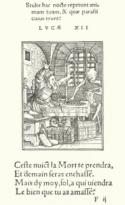 De vrek (gravure) door Hans (after) Holbein the Younger