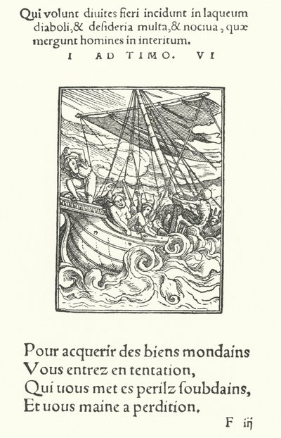 De zeeman in een storm (gravure) door Hans (after) Holbein the Younger