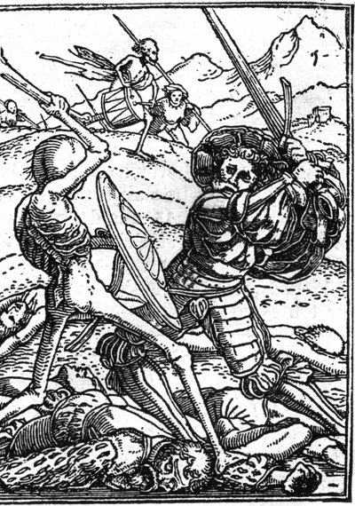 De schijnbare dood van Hans Holbein de Jonge: de soldaat. Een soldaat vecht tegen de Dood; aan hun voeten liggen de lichamen van andere krijgers. Gravure. door Hans (after) Holbein the Younger