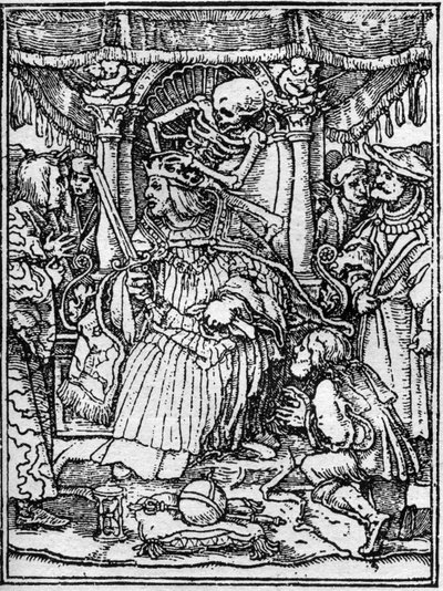 De simulaties van de dood van Hans Holbein de Jonge (1497-1543): de keizer. Terwijl de Dood de kroon van de keizer wegneemt, smeekt een boer hem om gerechtigheid. Gravure door Hans (after) Holbein the Younger