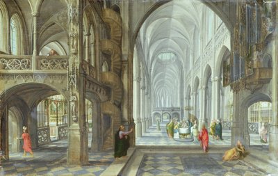 Het Interieur van een Gotische Kerk met de Besnijdenis van Christus in het Hoofdschip, ca. 1600 door Hans (after) Vredeman de Vries