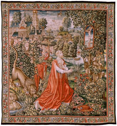 Vlaams wandtapijt. Boetvaardige Sint-Hieronymus, of Sint-Hieronymus in de woestijn. Modellen Carton toegeschreven aan de kring van Hans Memling (ca. 1433-1493) of Gerard David (ca. 1450-1523). Manufacture Onbekende wever. door Hans (school of) Memling