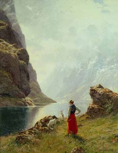 Een Meisje met Geiten bij een Fjord door Hans Andreas Dahl